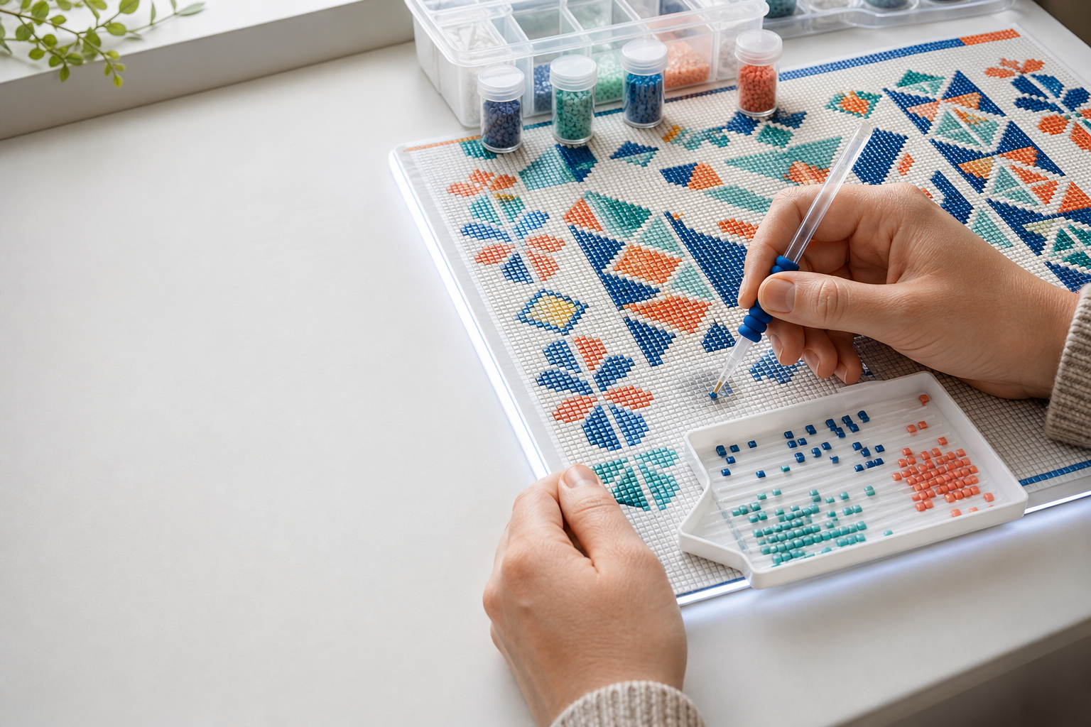 Hands placing square drills beside a ridged tray and storage vials